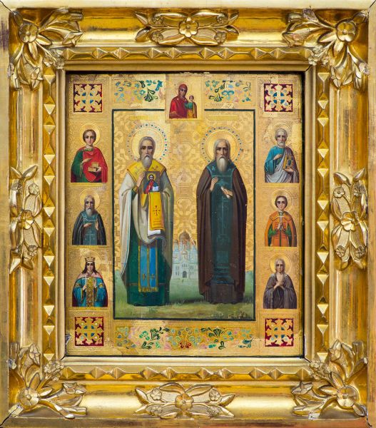 Святой Василий Великий и Святой Варсонофий Казанский с избранными святыми в предстоянии иконе Богоматери Казанской.